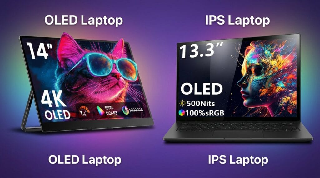 Side-by-side OLED and IPS laptop comparison on a minimalist desk surface.