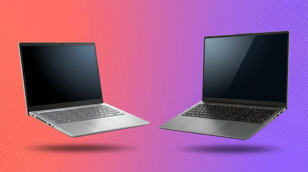 Two modern laptops with blank screens on a purple and red gradient background, comparing 13-inch and 16-inch sizes.