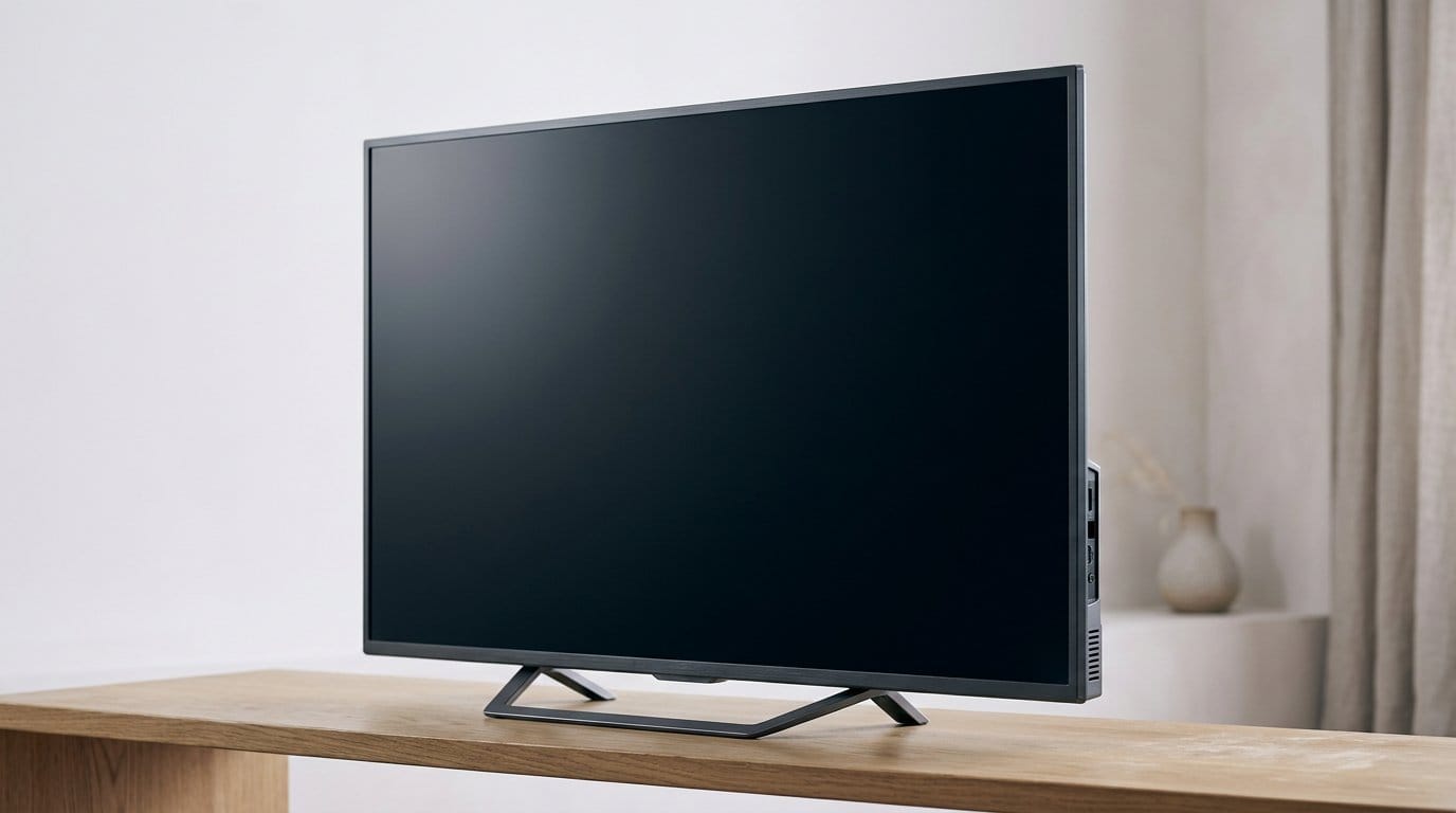 Flat-screen TV on a wooden table in a minimalist living room with soft directional light