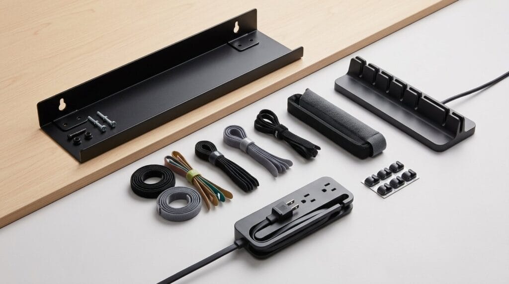 Wall-mounted cable management kit with power strip, cable clips, and mounting hardware on a neutral surface