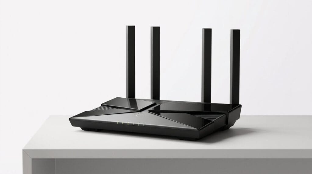 Black Wi-Fi router with four antennas on a white surface, lit by soft directional light.