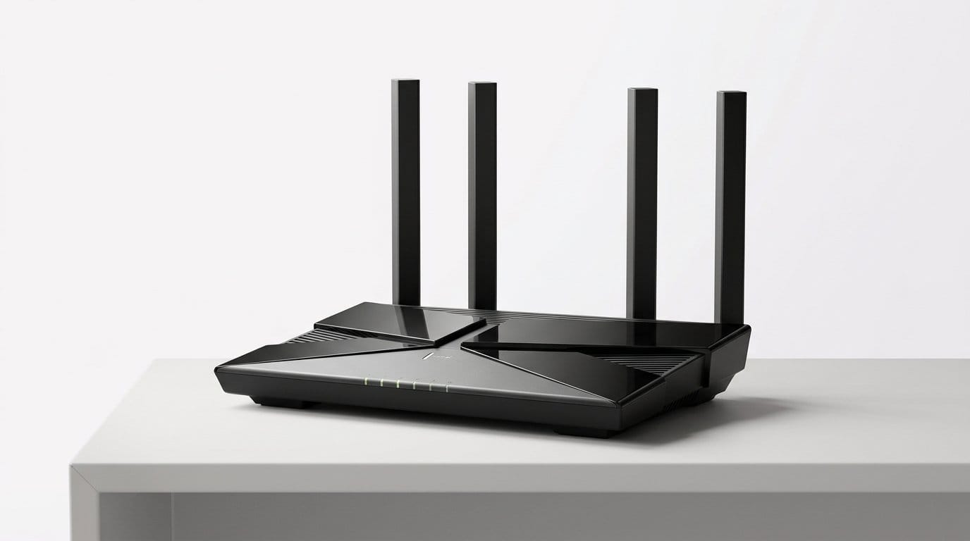 Black Wi-Fi router with four antennas on a white surface, lit by soft directional light.