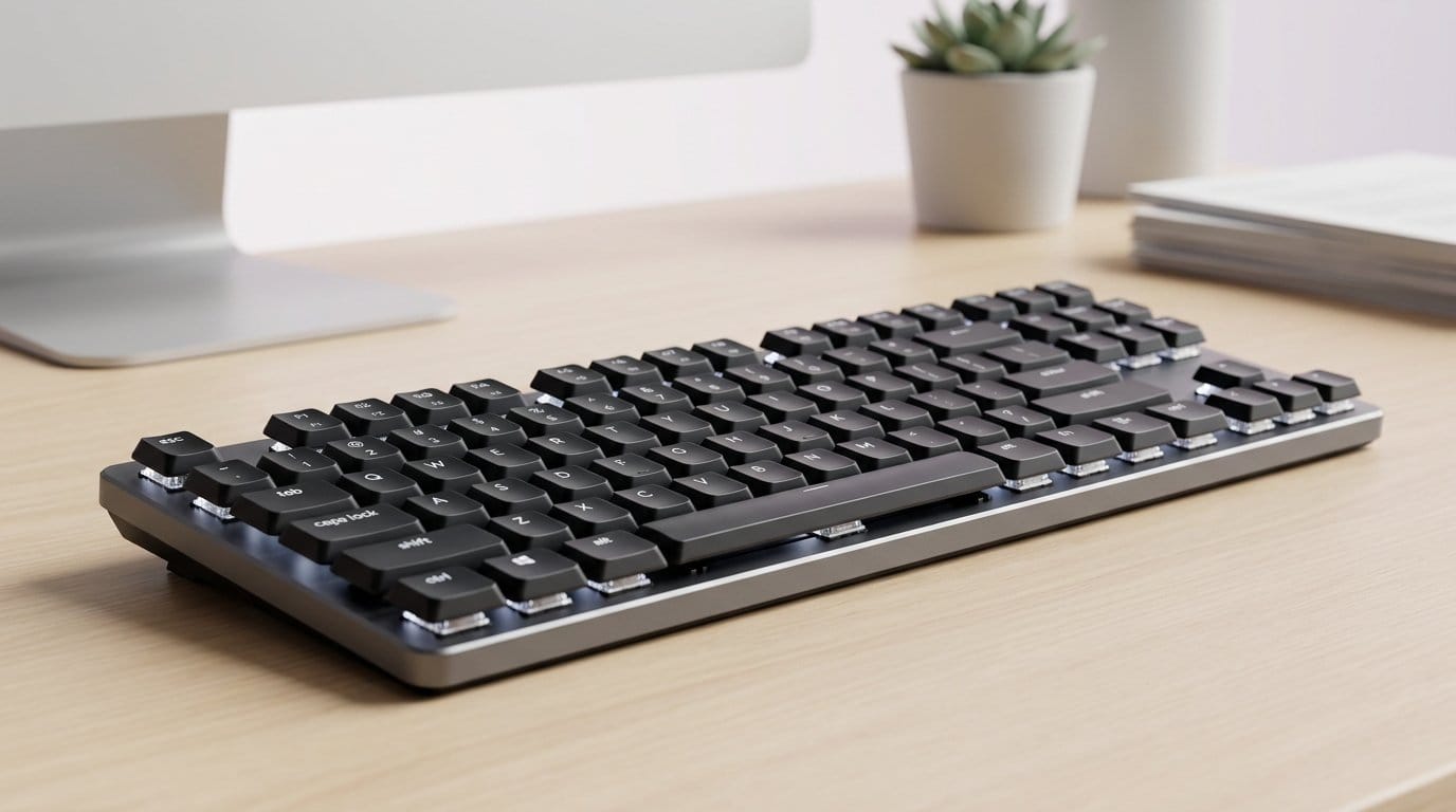 Compact wireless mechanical keyboard on a wooden desk with monitor and potted plant in the background
