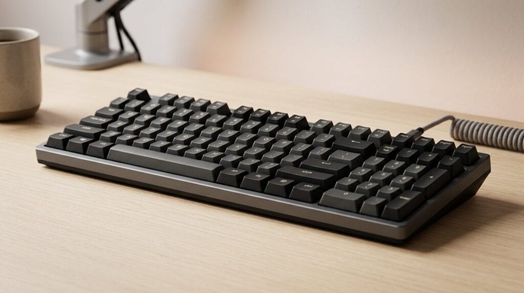 Mechanical keyboard with black keycaps on a wooden desk, lit by soft studio lighting.