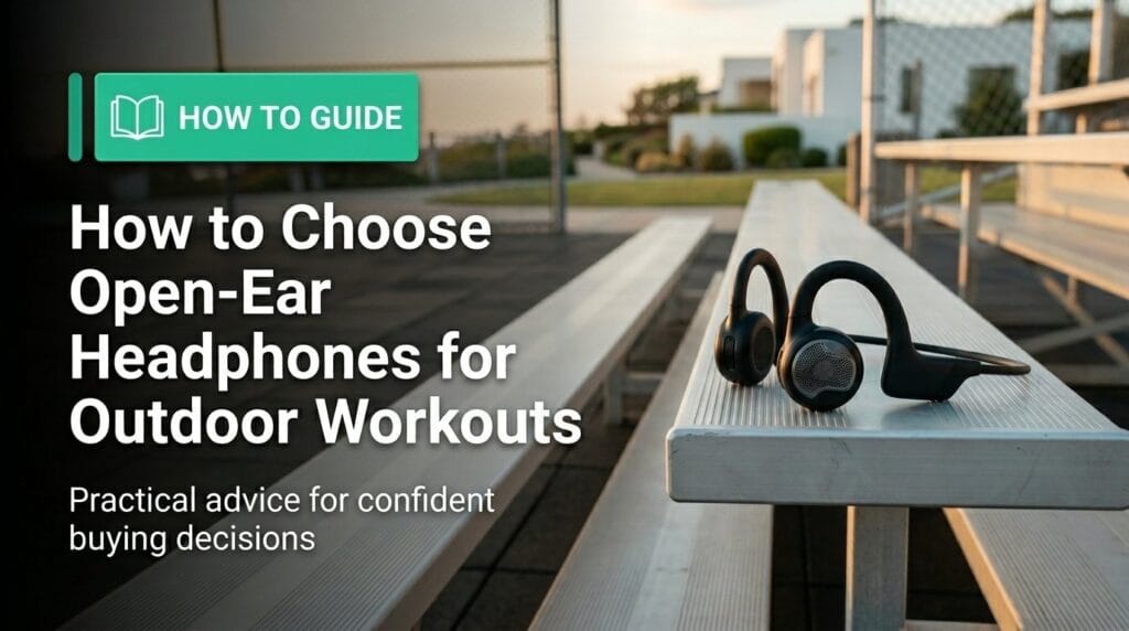 Open-ear headphones on a clean desk in soft studio light for an outdoor workouts guide