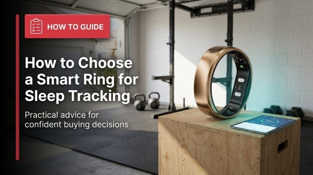 Smart ring on a minimal surface with soft directional light for a sleep tracking guide