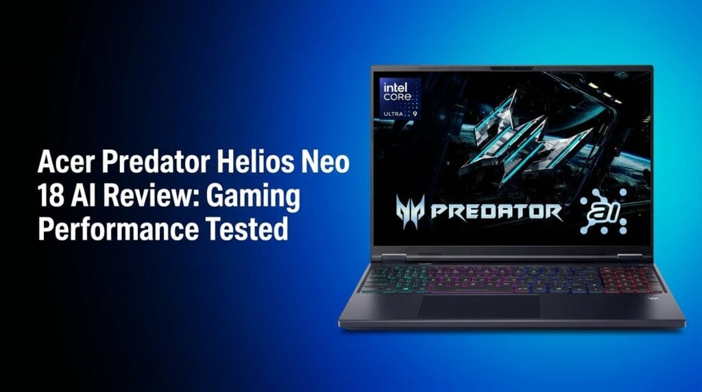 Acer Predator Helios Neo 18 AI gaming laptop review featured image on a colorful studio backdrop.