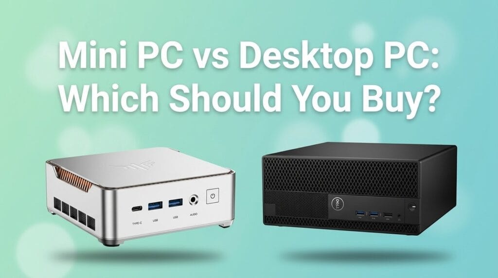 Mini PC and desktop PC comparison on a minimal surface with soft directional light