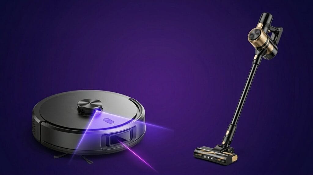 Robot vacuum and cordless stick vacuum side by side on a purple background, comparing cleaning options
