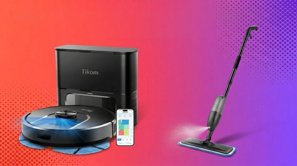 Robot vacuum and cordless stick vacuum on a colorful gradient background
