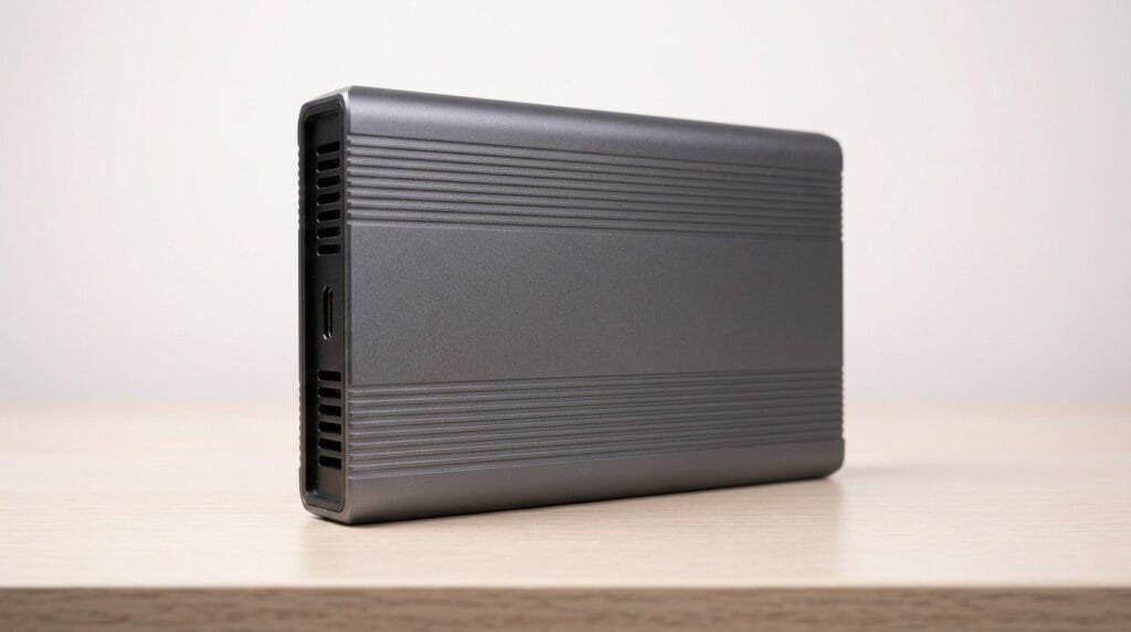 Compact black external hard drive on a wooden surface with soft directional light