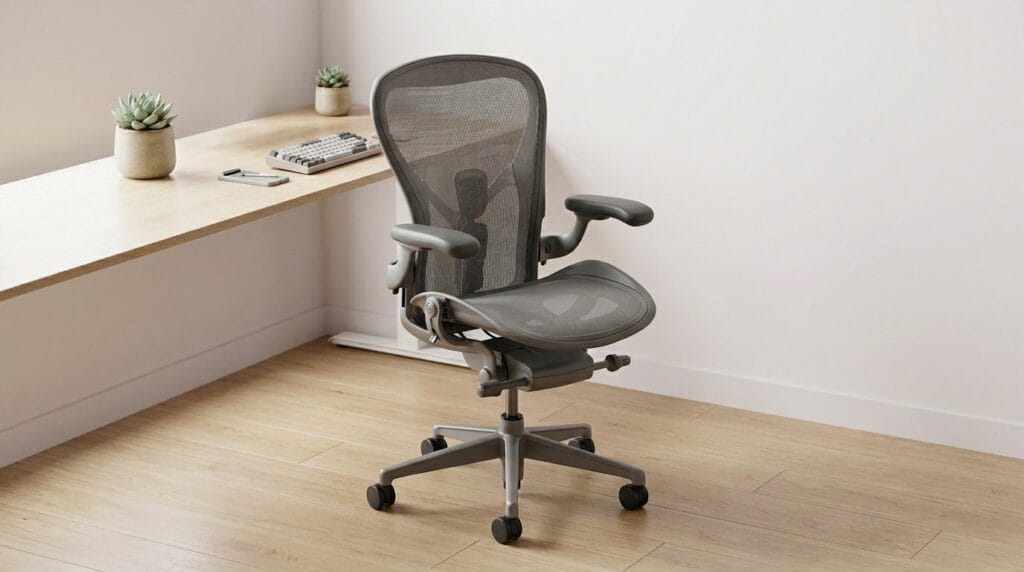 Ergonomic black office chair in a modern minimalist workspace