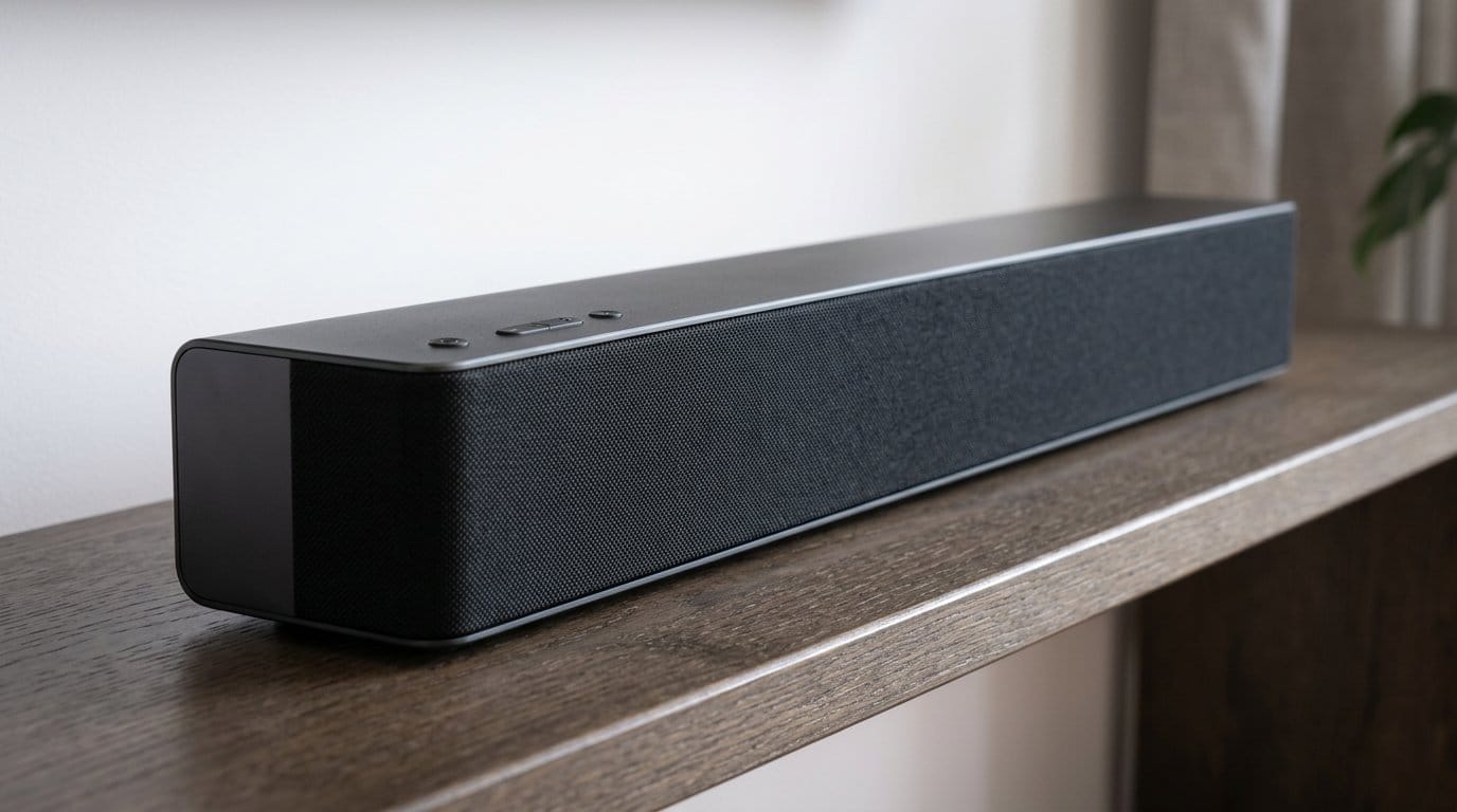 Compact black soundbar on a wooden shelf in a modern living room with soft lighting