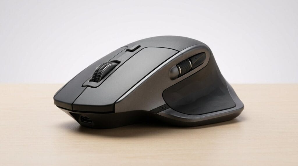 Ergonomic wireless mouse with side buttons on a wooden surface, lit by soft directional light.