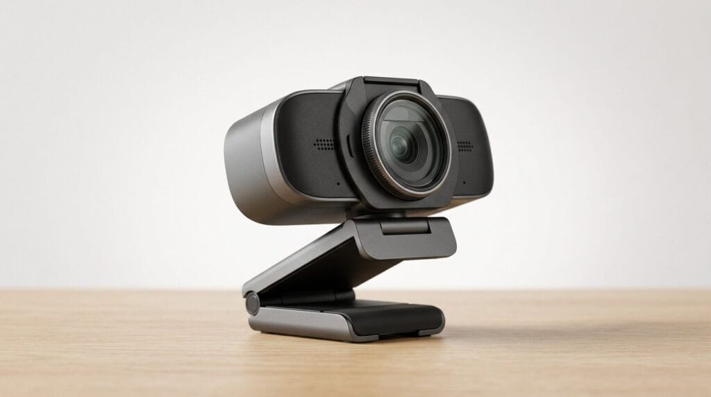 Black webcam on a wooden surface against a plain background, featured image for a webcam buyer guide
