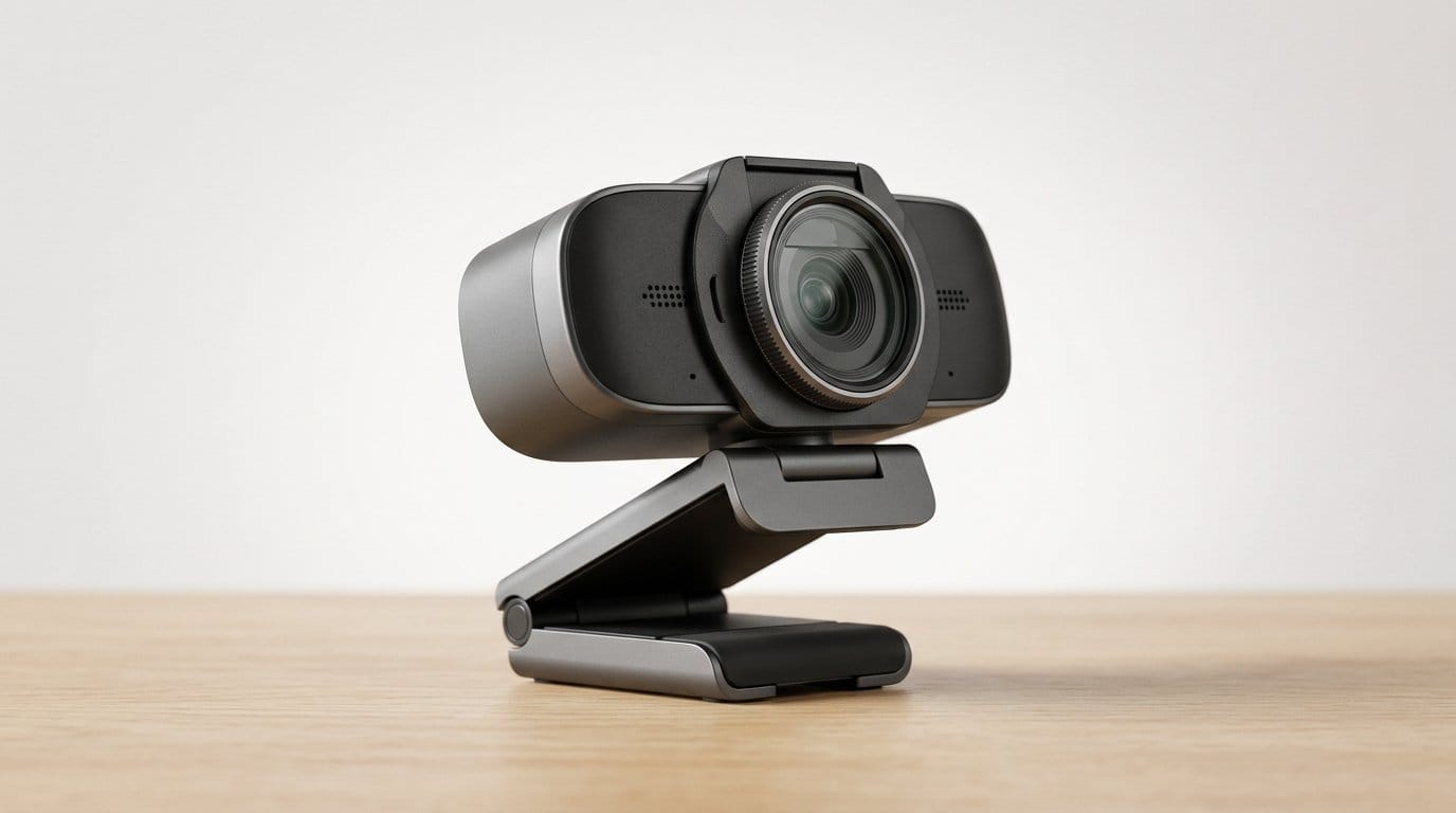 Black webcam on a wooden surface against a plain background, featured image for a webcam buyer guide