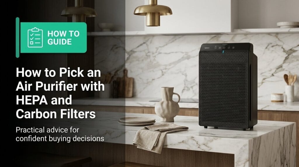 HEPA air purifier on a minimal surface with soft directional light for an air-cleaning guide
