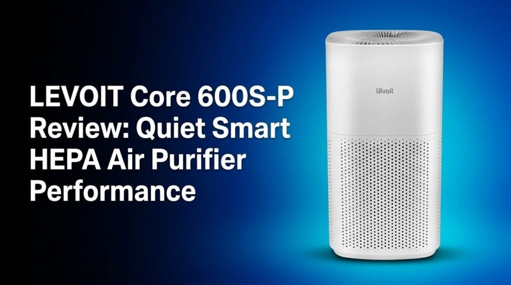 LEVOIT Core 600S-P smart HEPA air purifier in a bright living room, featured review image