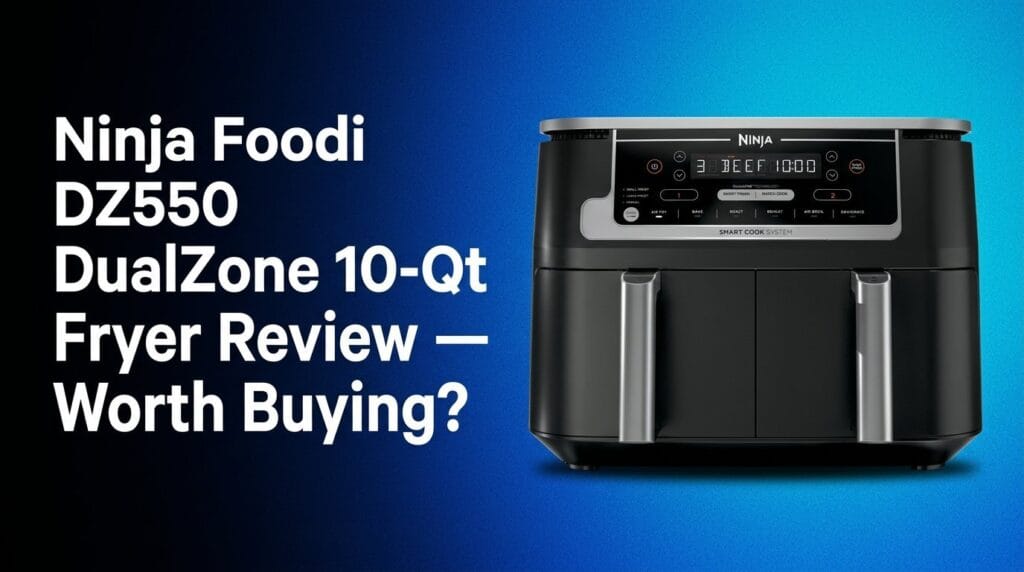 Ninja Foodi DZ550 DualZone 10-Qt air fryer on a kitchen counter in warm light