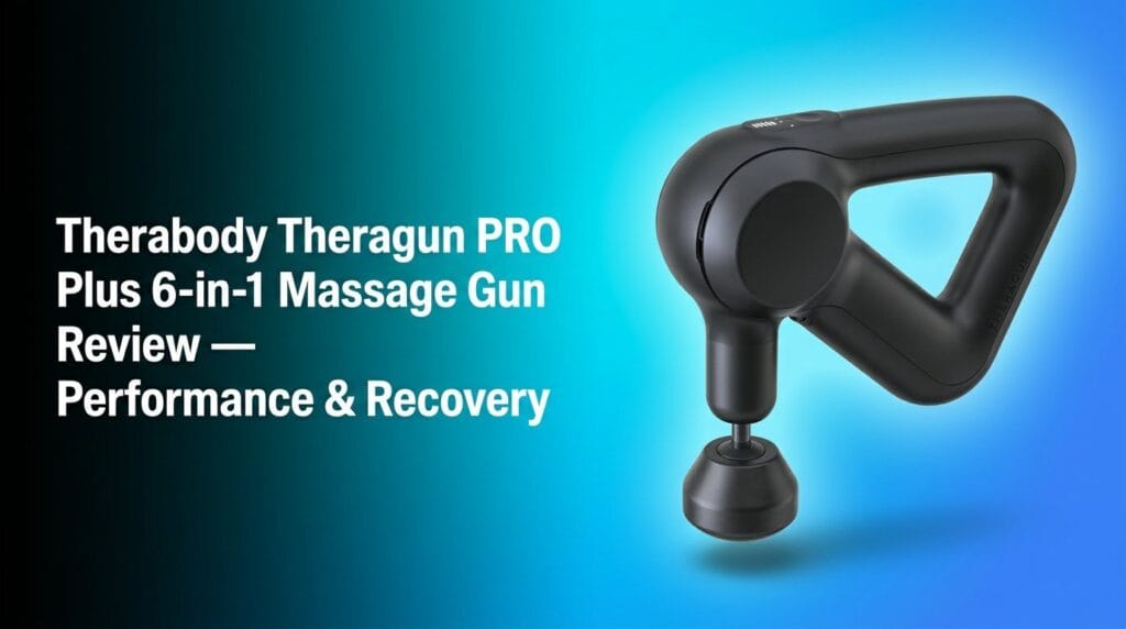 Therabody Theragun PRO Plus massage gun featured on a colorful studio backdrop for a product review.