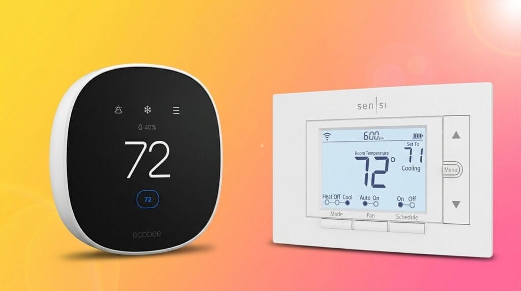 Smart thermostat and manual thermostat side by side, both set to 72 degrees for home climate control.