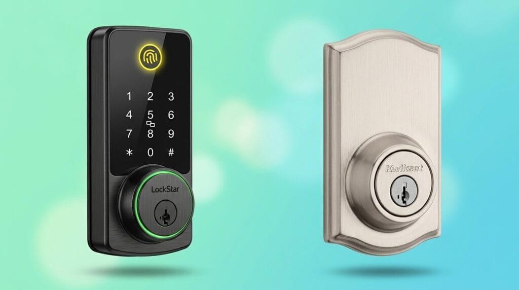 Smart lock and traditional deadbolt side by side on a blue background, comparing security.