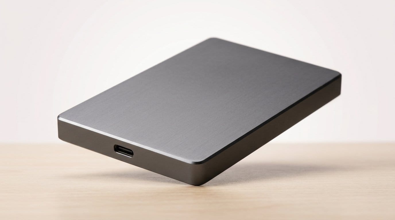 Sleek external SSD with USB-C port on a wooden surface in soft light