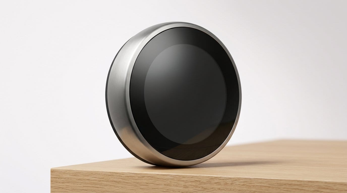 Sleek modern smart thermostat on a wooden surface with soft directional light