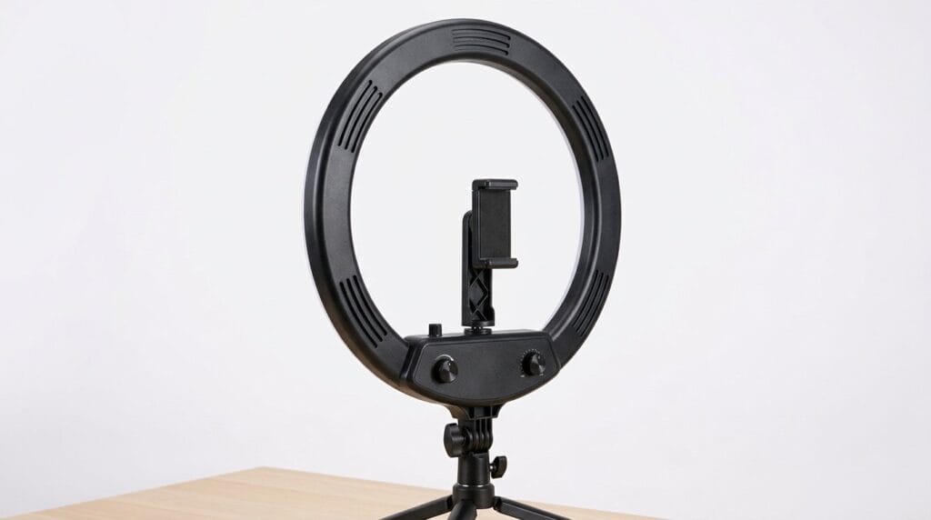 Black ring light with phone holder on a tripod stand, shown as a product hero image