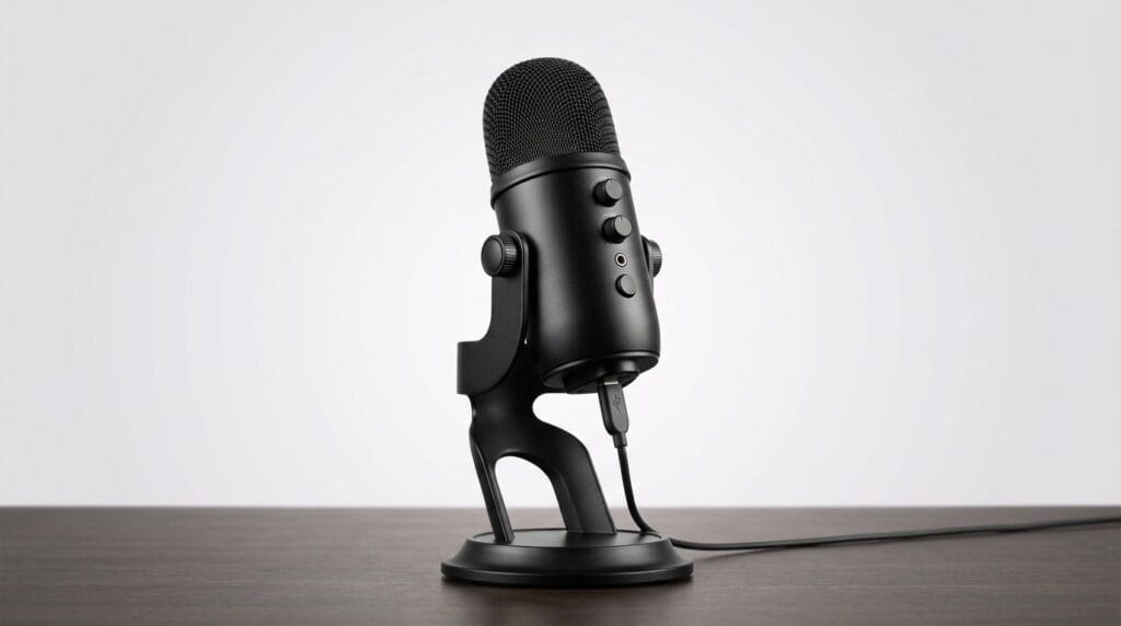 Black USB condenser microphone on a desk for podcasting and streaming, lit by soft directional light