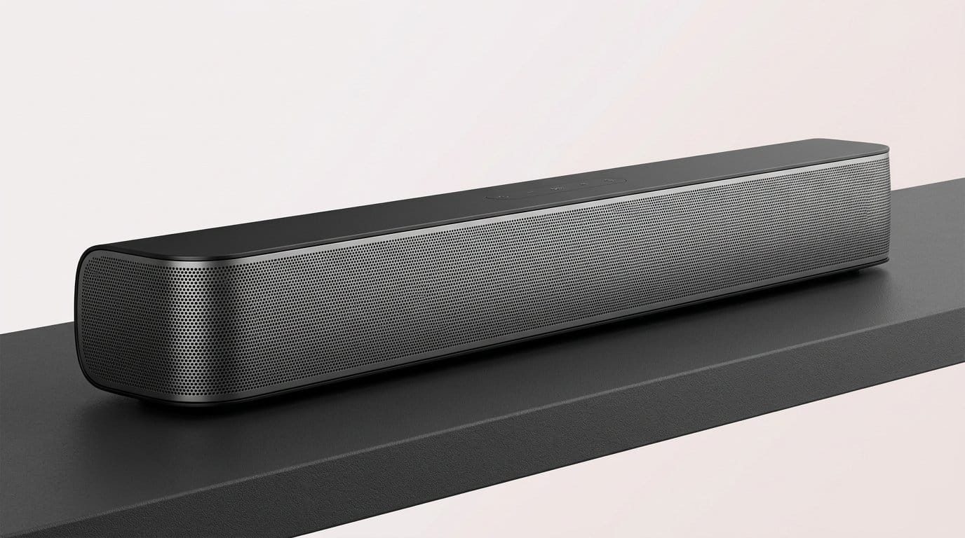 Sleek black Dolby Atmos soundbar on a modern shelf with soft directional light, featured guide image