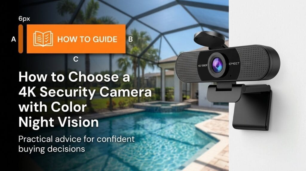 Security camera on a tabletop with soft directional light for a home safety guide