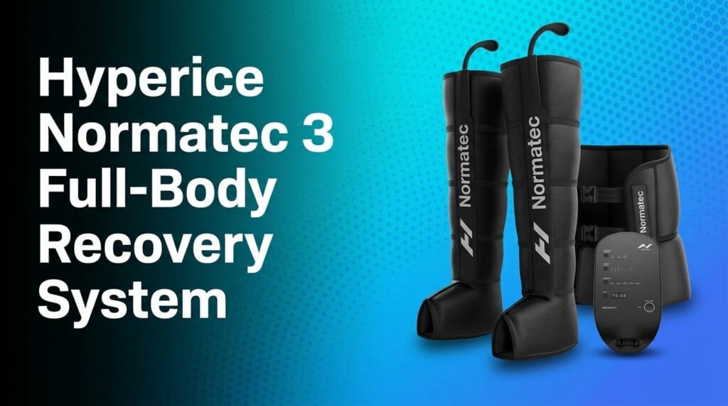 Hyperice Normatec 3 Full-Body Recovery System with leg and arm compression sleeves on a colorful studio backdrop
