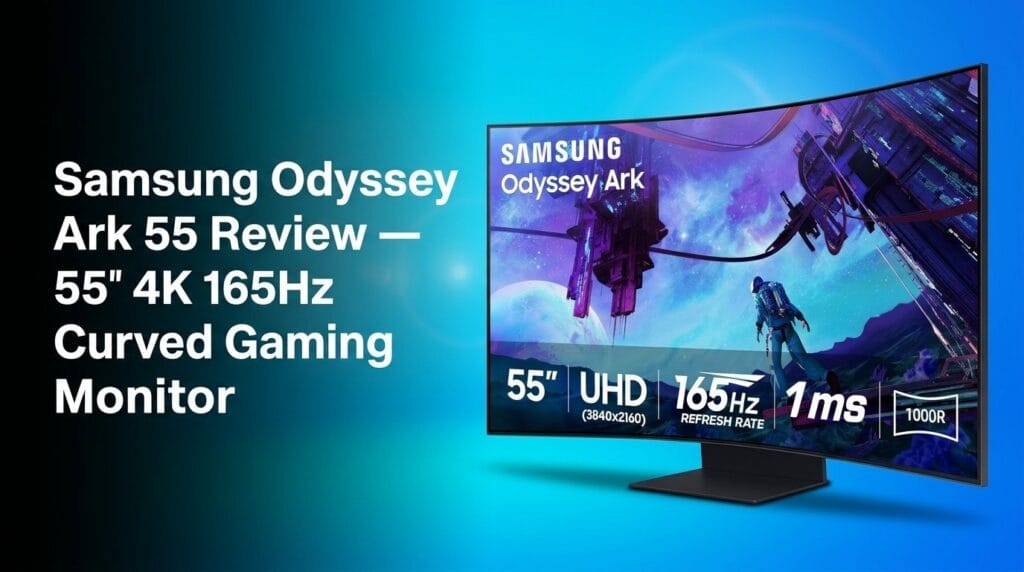 Samsung Odyssey Ark 55-inch curved gaming monitor review hero image on a colorful studio background