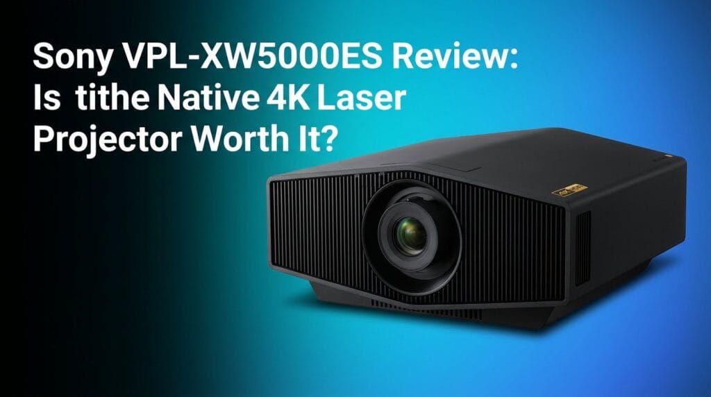 Sony VPL-XW5000ES review featured image on a colorful gradient background