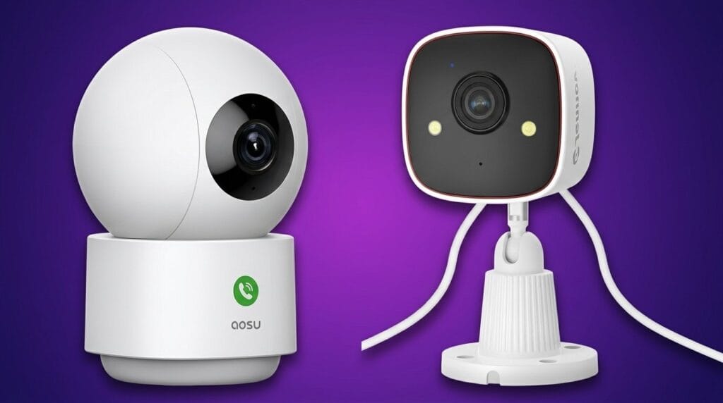 Two modern home security cameras side by side on a purple background