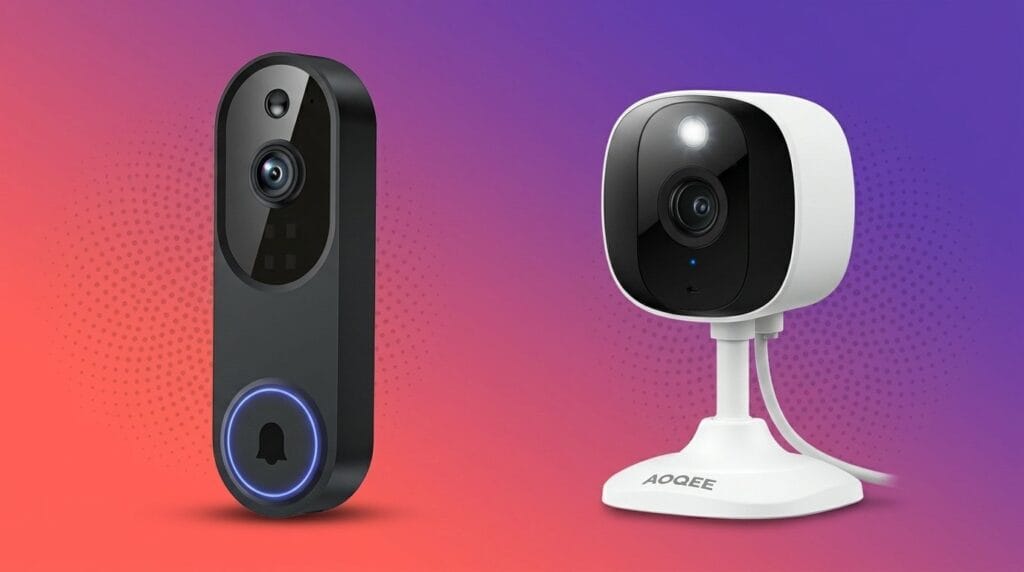 Video doorbell and indoor security camera on a tabletop in soft directional light, side by side comparison.