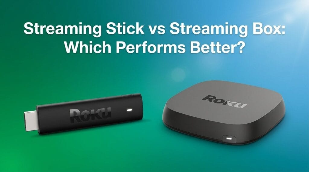 Roku streaming stick and streaming box comparison on a minimal surface with soft directional light.