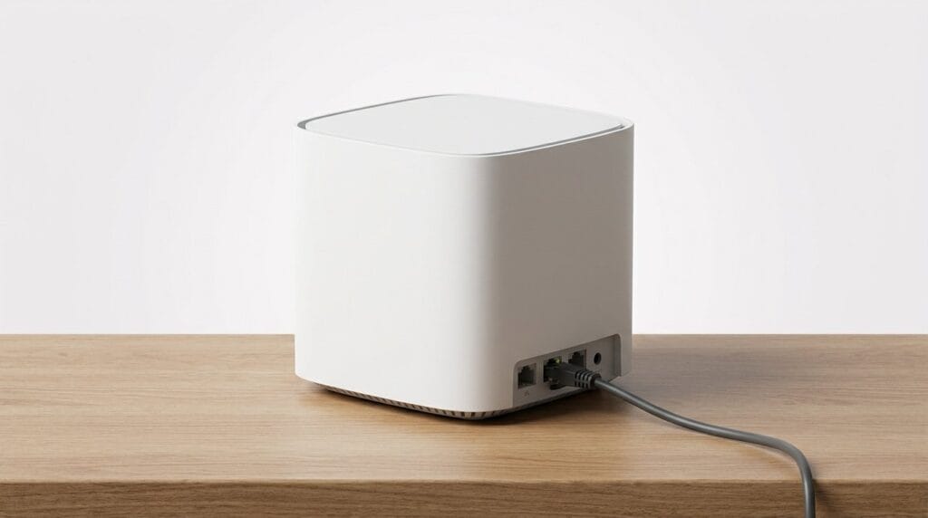 Compact white wireless router on a wooden surface with connected cables, under soft light