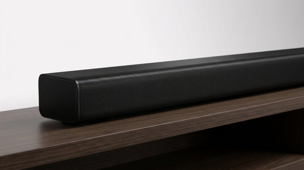 Sleek black soundbar on a wooden TV stand against a white wall