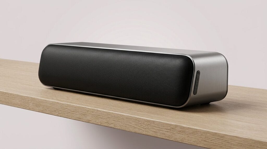 Compact black and silver wireless Bluetooth speaker on a wooden shelf with soft directional light