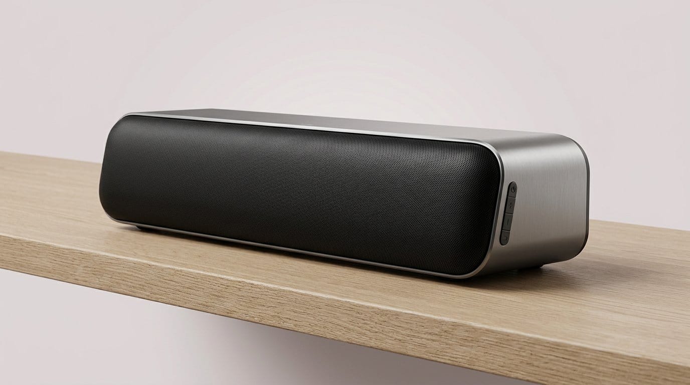 Compact black and silver wireless Bluetooth speaker on a wooden shelf with soft directional light