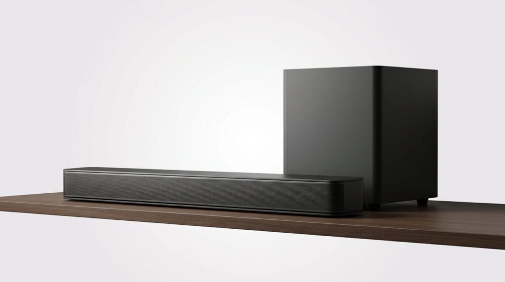 Sleek black soundbar and subwoofer on a wooden surface against a white background.