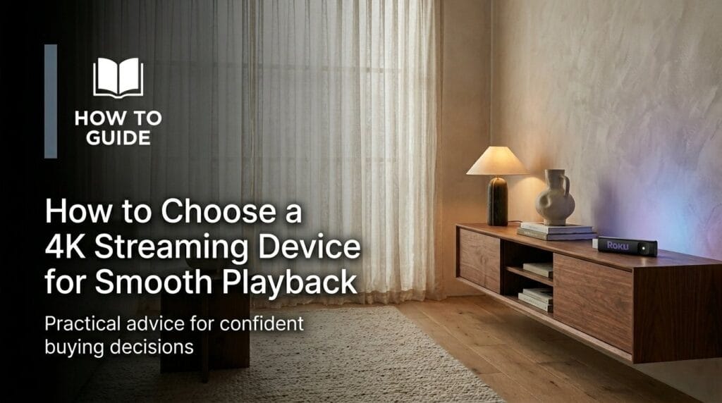 4K streaming device on a minimal surface with soft directional light for a buying guide