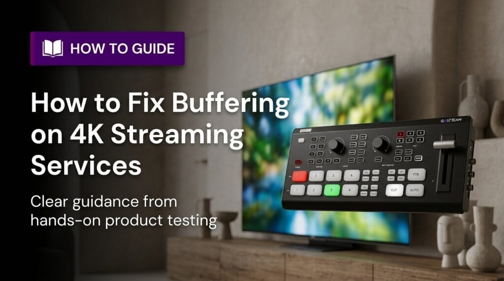 Streaming device on a minimal surface with soft directional light for a 4K buffering guide