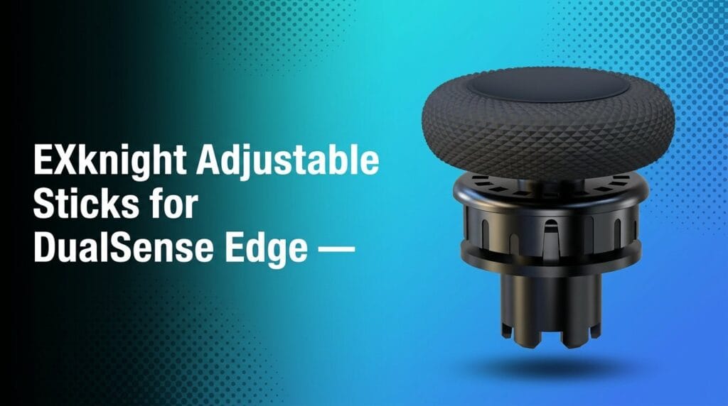 EXknight Adjustable Sticks for DualSense Edge featured on a colorful studio background
