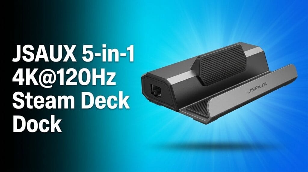 JSAUX 5-in-1 4K@120Hz Steam Deck Dock product review featured image on a gradient backdrop