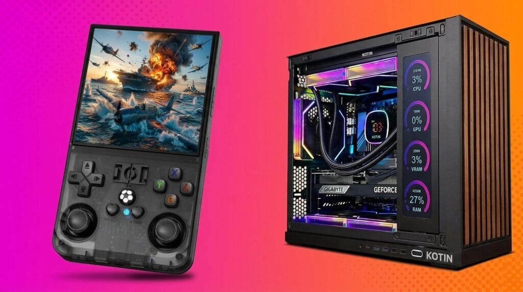 Portable handheld gaming console beside a custom RGB gaming PC on a minimal surface with soft light.