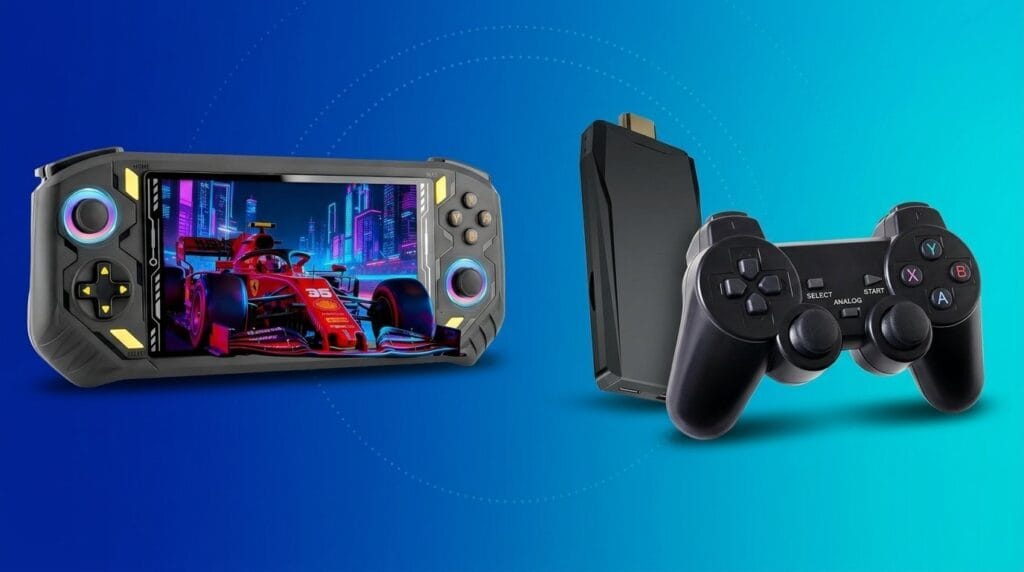 Handheld and console game controllers side by side on a blue background