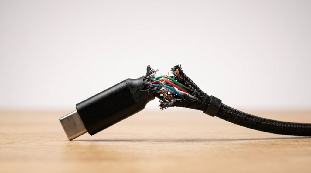 Close-up of a damaged USB-C charging cable with exposed wires on a wooden surface.
